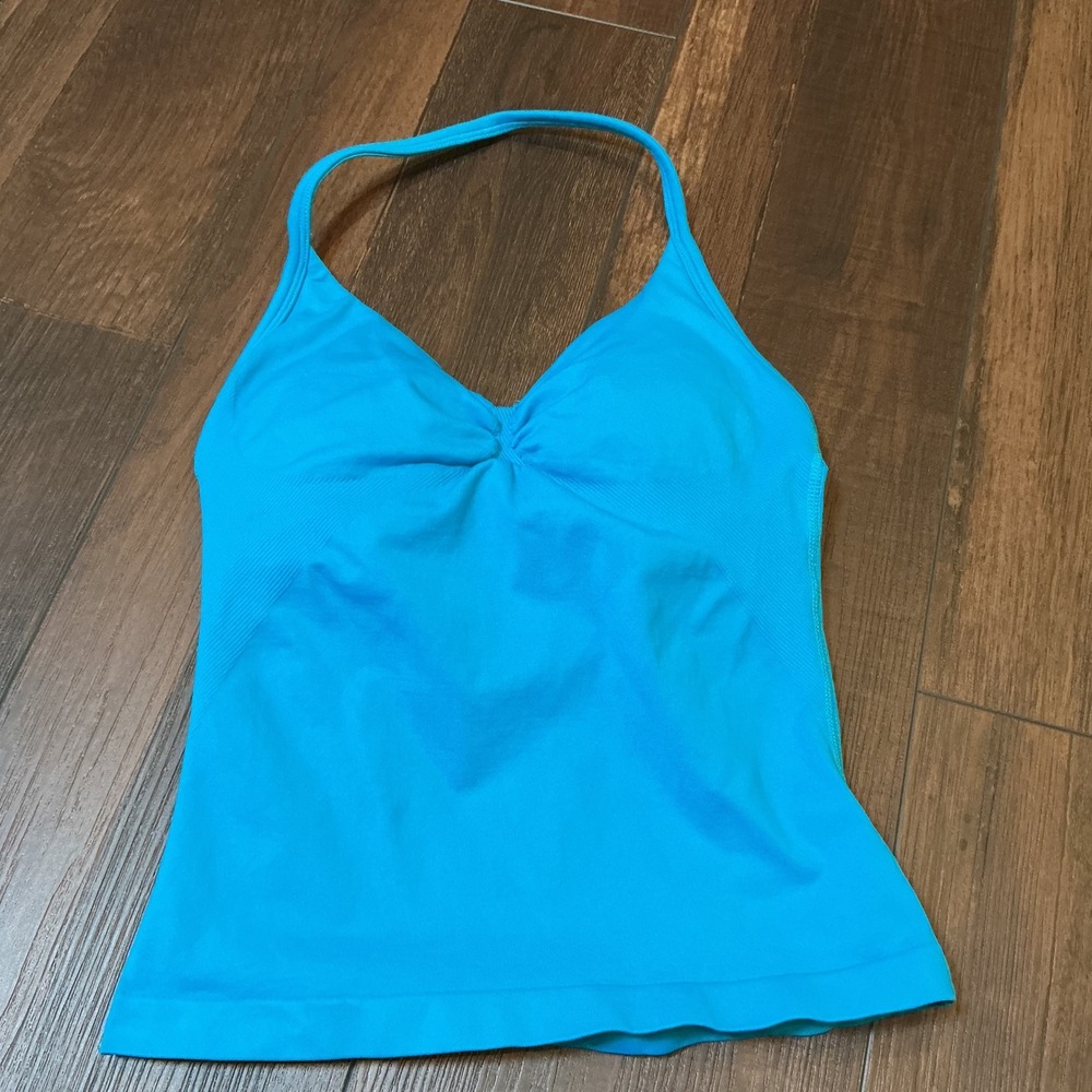 DFYNE Activewear Halter Tank Top Turquoise Ruched Front Seamless Size Small